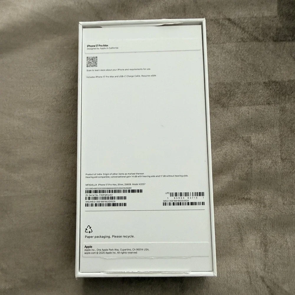 Apple IPhone 17 Pro Max Retail Box Silver White Packaging Empty Box Only